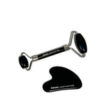 black obsidian gua sha and roller product shot flat lay