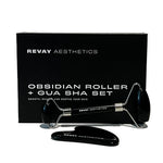 black obsidian gua sha and roller product shot flat lay