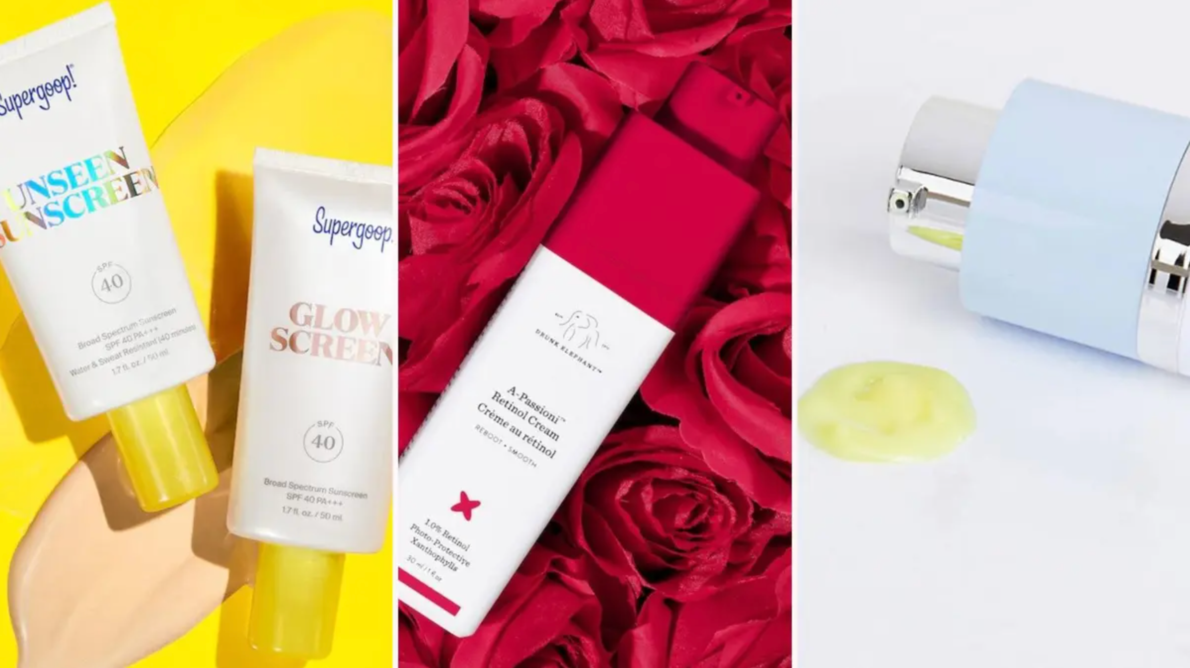 collage of three products – supergoop unseen sunscreen, supergoop glow screen, drunk elephant a-passion retinol cream, and close up of serum