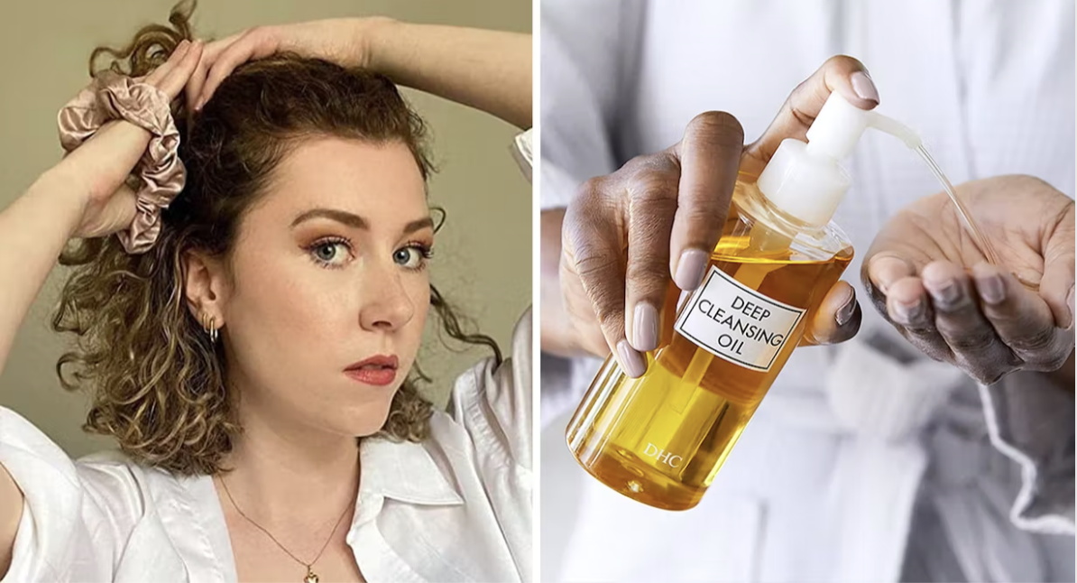 a woman with curly hair putting it into a ponytail with a silk scrunchie and another image of a woman using dhc cleansing oil in her palm