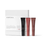 ÂN-GLOSS Ceramide Lip Trio set from ANFISA with three tubes in black, red, and brown on a white background.