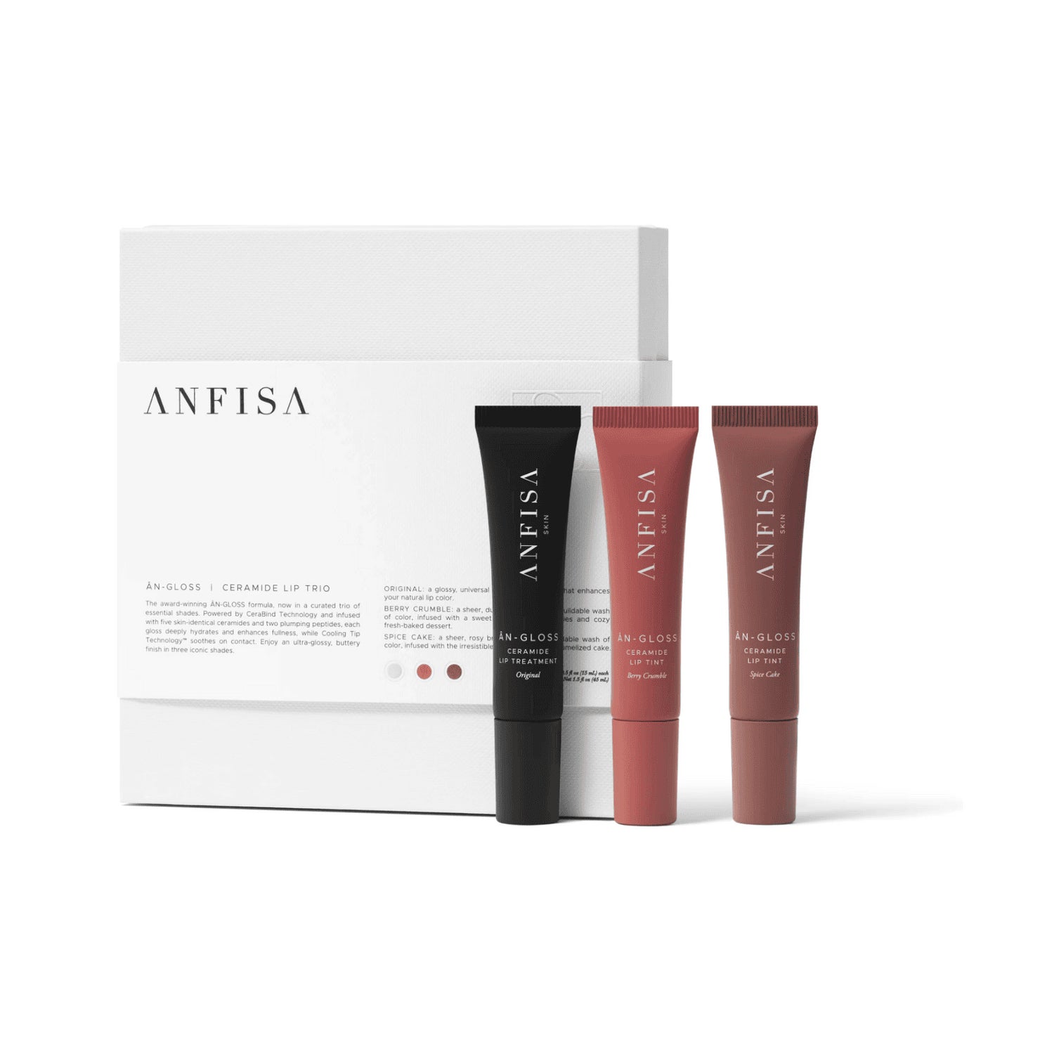 ÂN-GLOSS Ceramide Lip Trio set from ANFISA with three tubes in black, red, and brown on a white background.