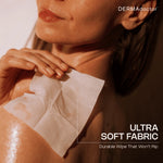 Person using a DERMAdoctor ultra soft fabric wipe on their skin.