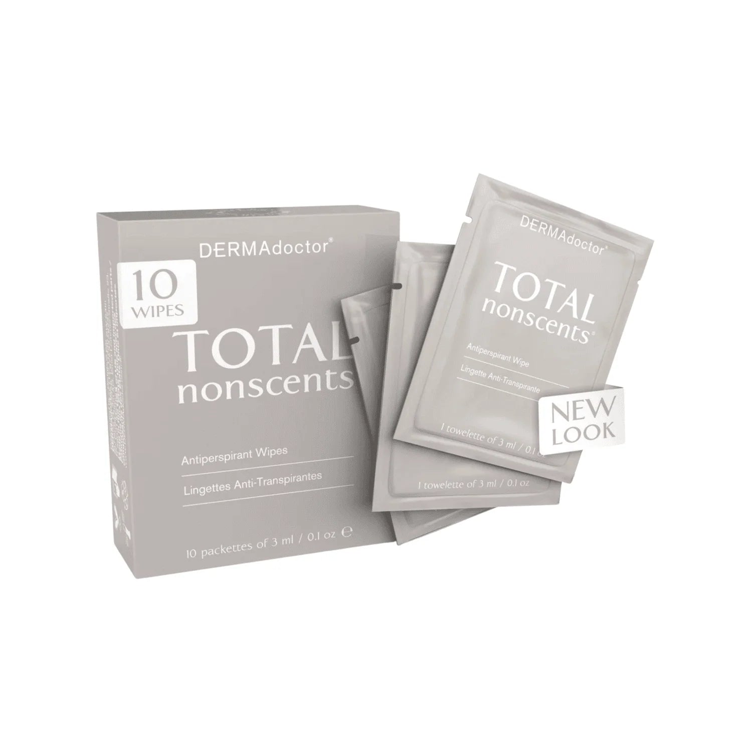 DERMAdoctor Total Nonscents antiperspirant wipes packaging on a white background 10-pack