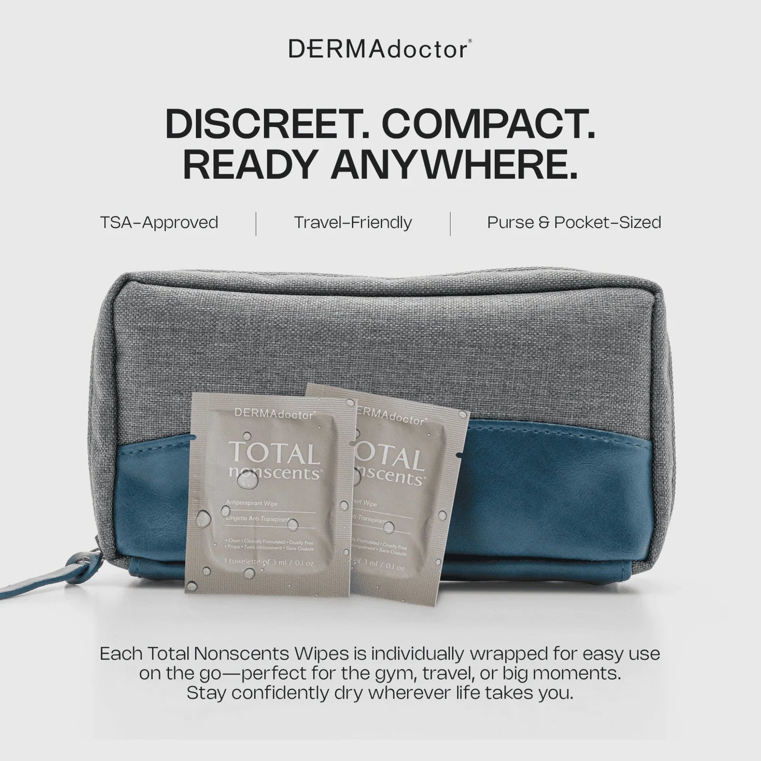 Gray and blue toiletry bag with Total Nonscents wipes, featuring Dermadoctor branding.