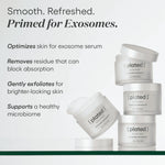 Stacked jars of (plated) Exosome Enhancer Daily Prep Pads with benefits: Optimizes skin for exozome serum, removes residue that can block absorption, gently exfoliates for brighter-looking skin, supports a healthy microbiome.
