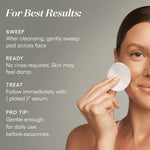 Woman applying a (plated) Exosome Enhancer Daily Prep Pad to her cheek. Directions: sweep across face after cleansing, do not rinse, and follow immediately with (plated) serum.