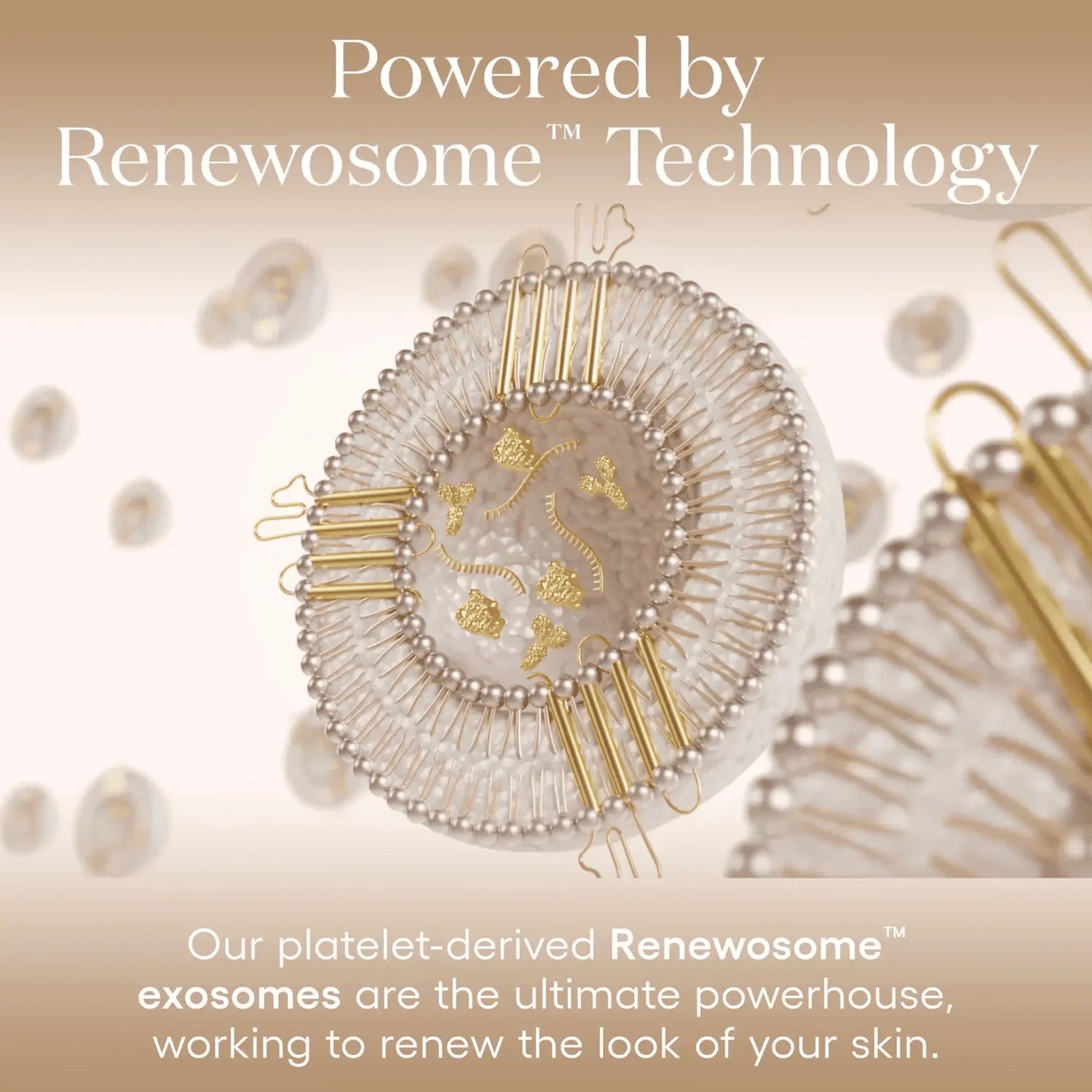 powered by renewosome technology text on image of golden abstract platelet-derived Renewosome exosomes 