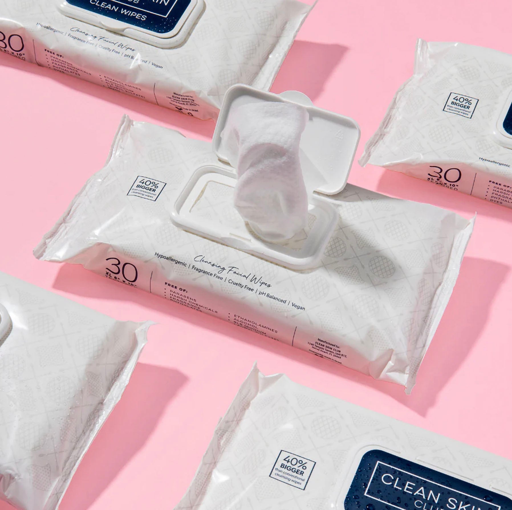 close up of Clean Skin Club Wipes packaging