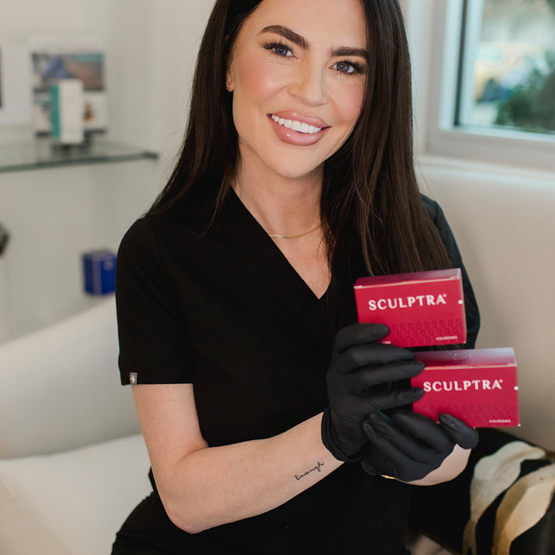 revay plunkett of revay aesthetics holding boxes of sculptra injectables