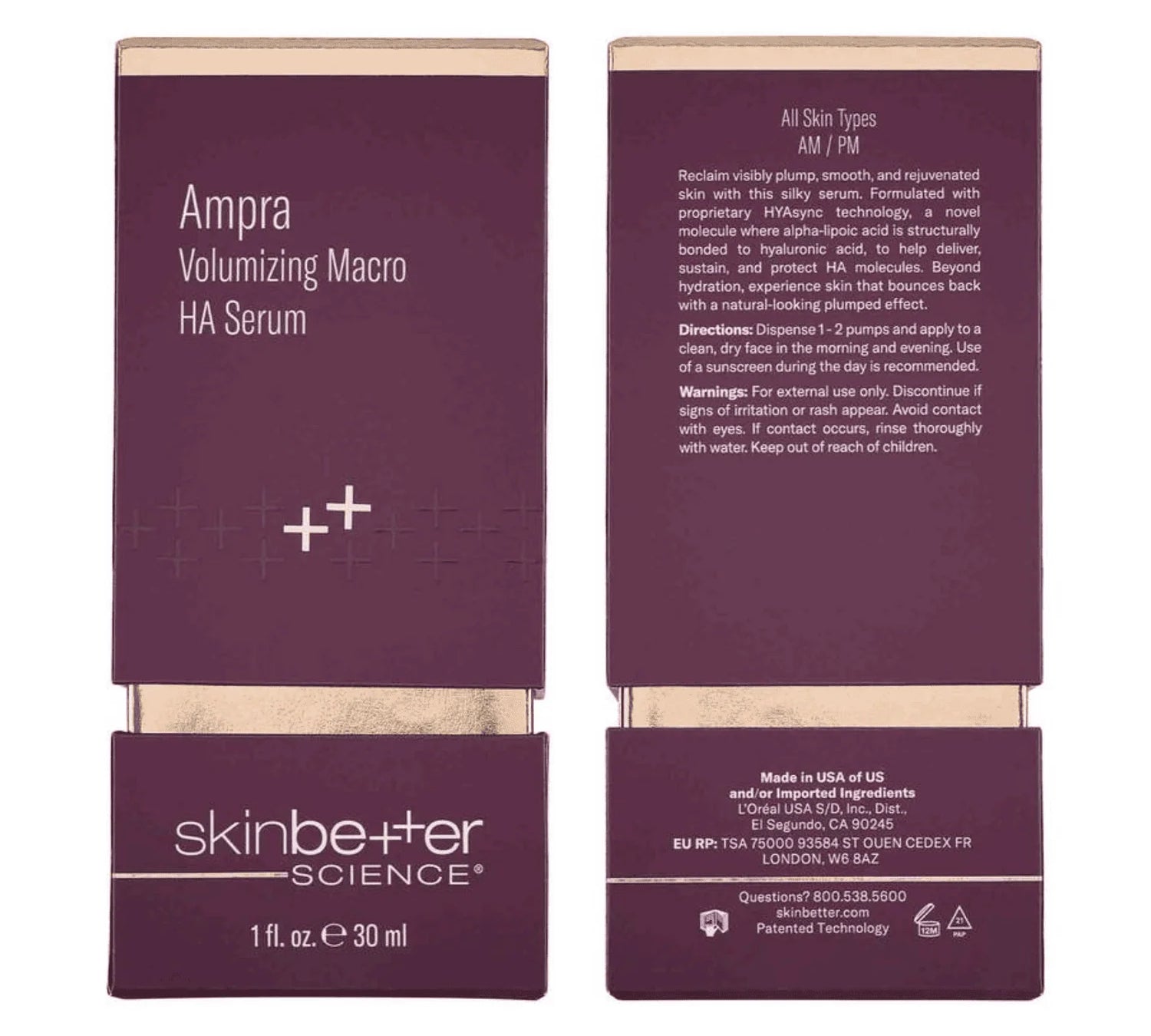 Ampra Volumizing Macro HA Serum packaging with 'skinbetter science' branding on a white background