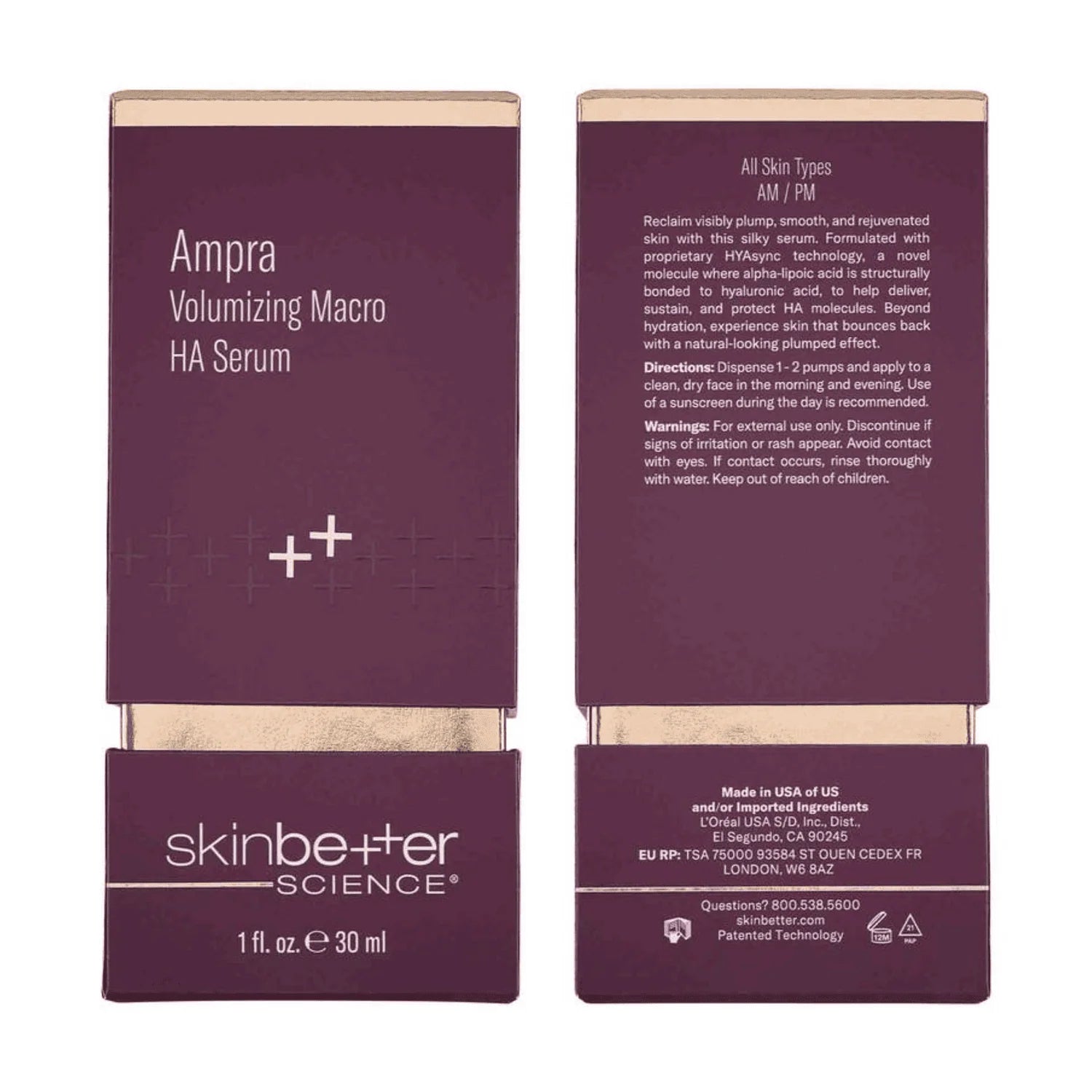 Ampra Volumizing Macro HA Serum packaging with 'skinbetter science' branding on a white background