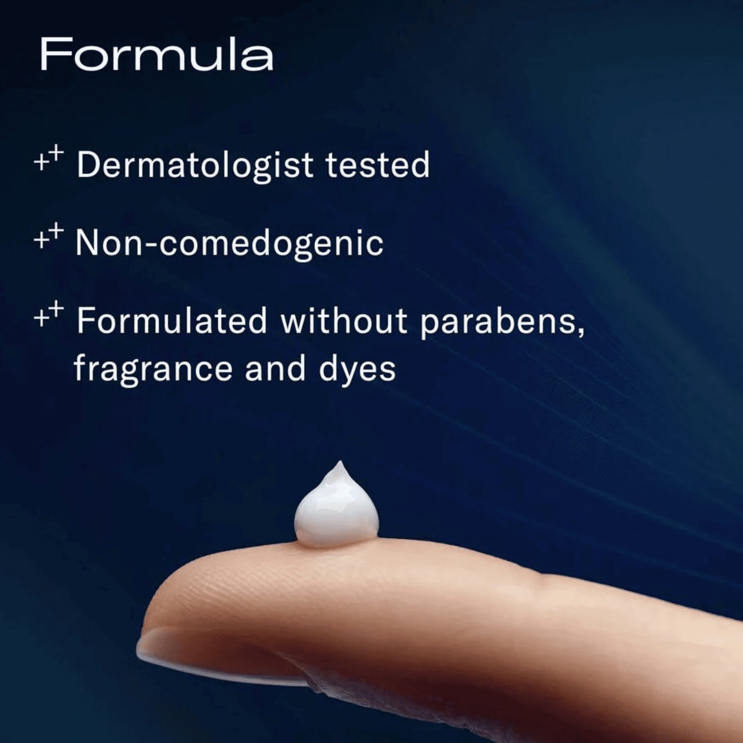 A drop of the serum on a finger with dermatologist-tested, non-comedogenic, paraben-free, fragrance-free, and dye-free text on a dark blue background.