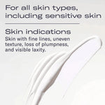 Text indicating suitability for all skin types, including sensitive skin, with a close-up of white cream.