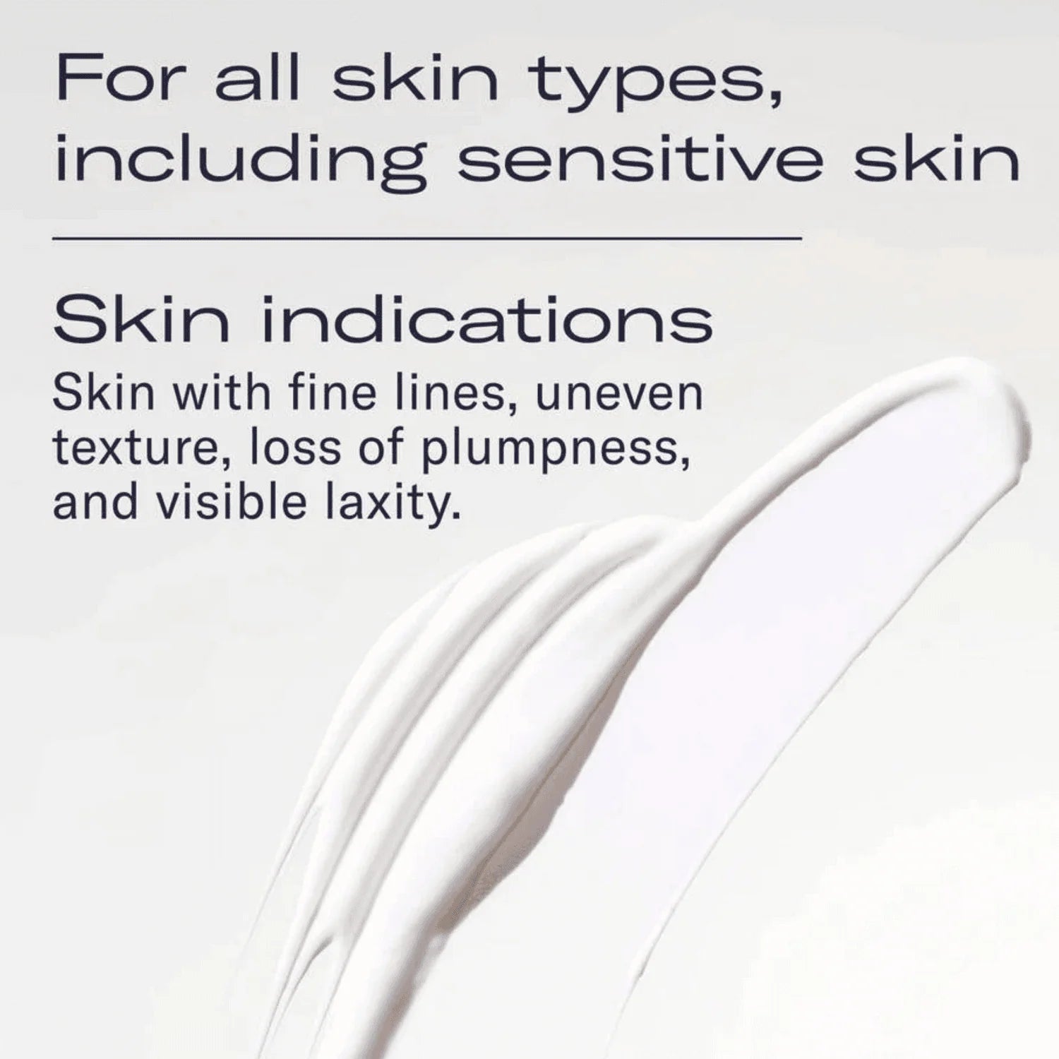 Text indicating suitability for all skin types, including sensitive skin, with a close-up of white cream.